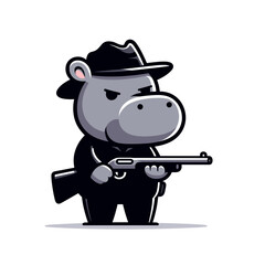 Fototapeta premium Dangerous hippo gangster in black suit with machine gun. Vector illustration for crime fiction, mafia themes and action game character concepts.