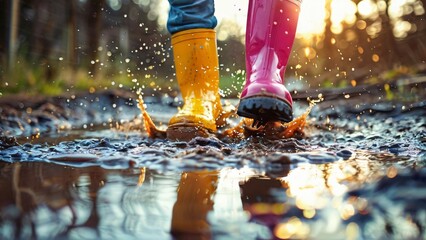 Close-Up of Colorful Rubber Boots in a Puddle Illustration for Jump in Muddy Puddles Day
