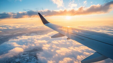 Fototapeta premium A plane wing flying above fluffy clouds during a sunrise