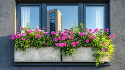 Fototapeta premium Modern balcony with pink roses in planters