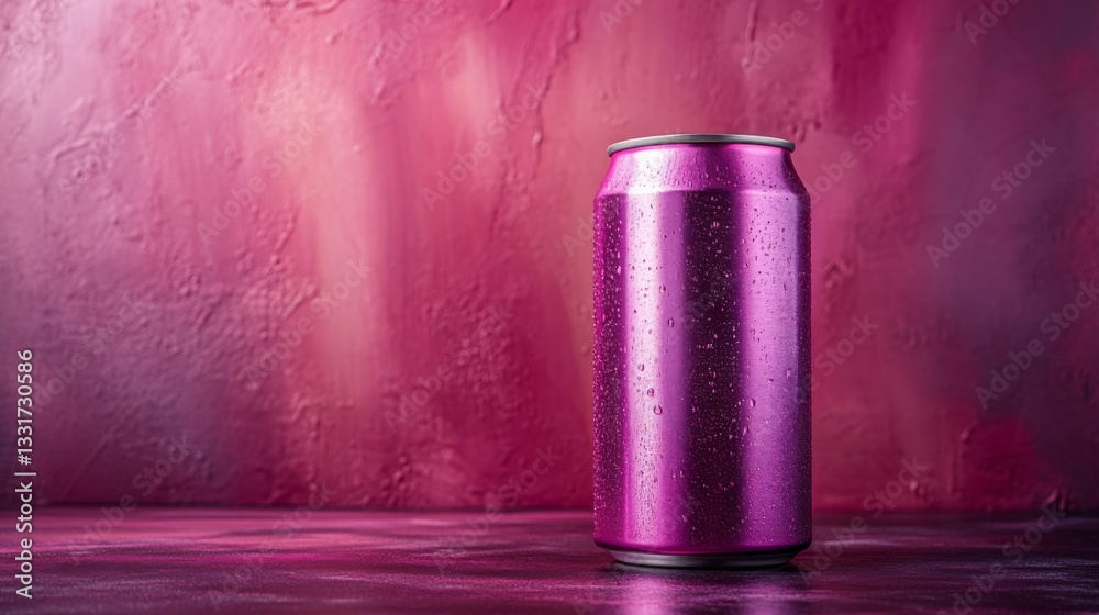 Poster A sleek can in vibrant pink sits against a textured background in similar shades. Water droplets adorn its surface, creating a refreshing appearance in this artistic setting.