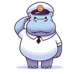 Naval officer hippo in white uniform with captain's hat. Vector illustration for maritime professions, cruise line services and nautical themed designs.