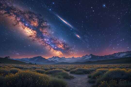 M87 and M88 Cosmic Gas Stream in a Whimsical Nighttime Sky Scenery