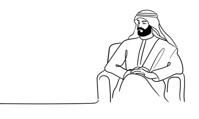 Emirati man in traditional clothes, continuous line art drawing. Muslim in a hijab. Vector illustration isolated on white background.