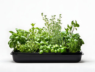 Fototapeta premium fresh herbs in a black plastic planting box.