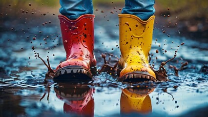 Close-Up of Colorful Rubber Boots in a Puddle Illustration for Jump in Muddy Puddles Day