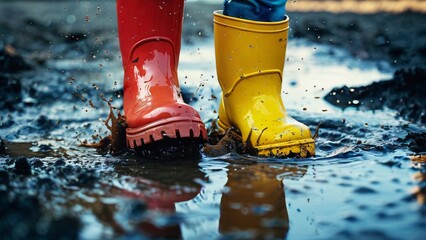 Close-Up of Colorful Rubber Boots in a Puddle Illustration for Jump in Muddy Puddles Day