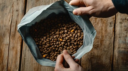 Hands Opening a Bag of Dog Food on a Rustic Wooden Table