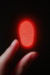 Hand holding glowing red fingerprint against dark background, sy