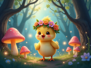 Charming Easter chick with a flower wreath on its head celebrates spring in a magical forest  