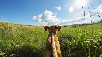 Dog Walking in Lush Green Meadow Under Clear Blue Sky
