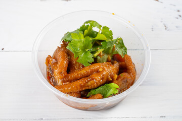 angle view snack of spicy chicken feet