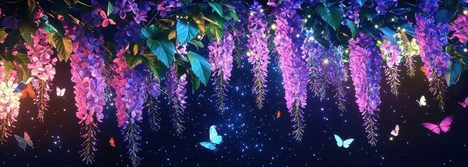 Wisteria Dreamscape, Neon wisteria blooms cascade against a dark backdrop, illuminated in lavender and teal, while butterflies weave through with shimmering trails, creating an ethereal spring night.