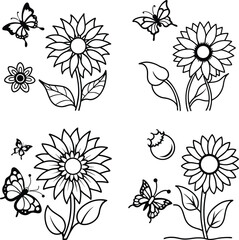 Set of vector flower illustrations coloring page floral patterns in spring and summer colors
