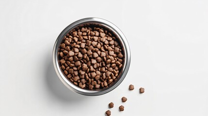 Fototapeta premium Close-up of Pet Food Kibble in a Stainless Steel Bowl on White Surface