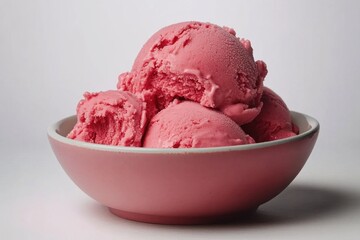 Delicious Pink Strawberry Ice Cream Scoops in a Bowl on a Light Background