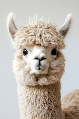 Obraz premium Alpaca with a fluffy coat on a white background, showing quirky charm
