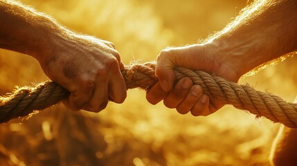 Two Hands Gripping Thick Rope During Sunset Outdoor Tug of War