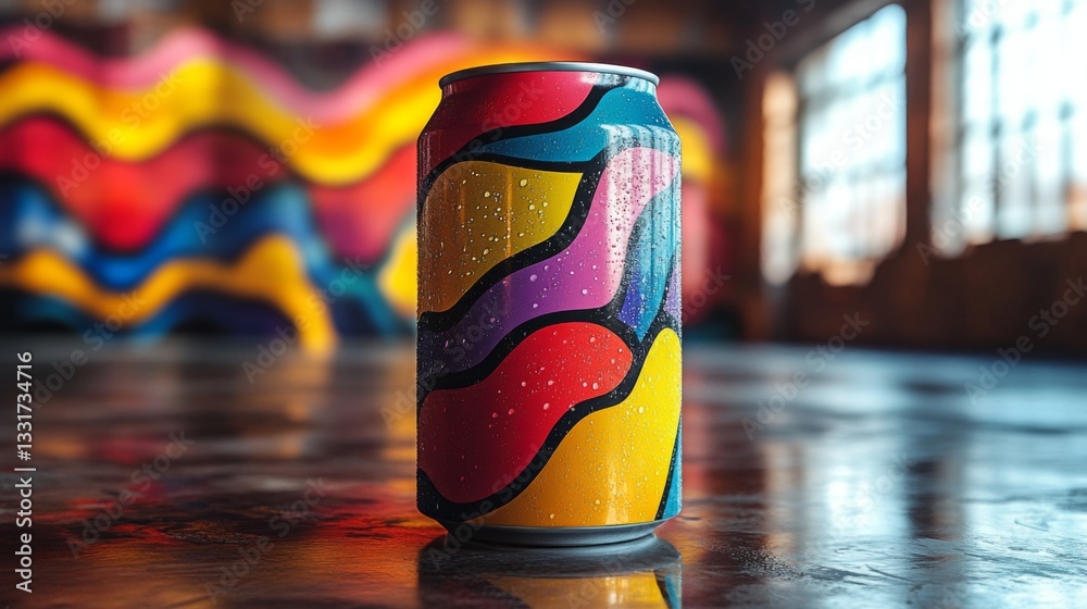 Poster A uniquely designed beverage can stands upright, showcasing a vivid pattern. In the background, an artistic mural with bold colors adds to the dynamic atmosphere of the studio.