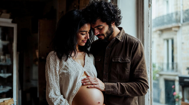 jeune couple qui attend un b&eacute;b&eacute; avec le p&egrave;re qui pose sa main sur le ventre de sa femme enceinte