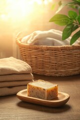 Natural soap rests on wooden dish, surrounded by soft towels and