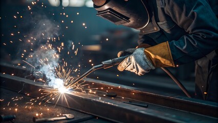 A welder in protective gear uses a torch to join metal, producing bright sparks. Industrial craftsmanship in a workshop setting, showcasing the precision and skill of metalworking.