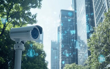 Smart city security camera with digital overlay.
