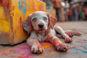 Colorful puppy enjoying a festive atmosphere in a vibrant street filled with color pigments during a celebratory event