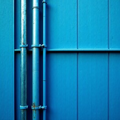 Obraz premium Modern blue building facade with metallic pipes and industrial design elements, pipes, modern