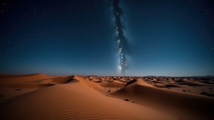 Golden sand dunes under a midnight sky, swirling with a fierce blizzard. Despite the storm, the desert radiates warmth, with soft moonlight casting shadows on the rippling dunes.
