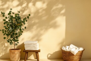 Sunlit bathroom scene with towels stacked neatly, plant adding f