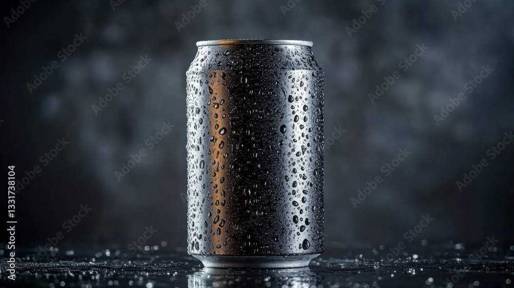 Leinwandbilder a can of a cold beverage stands upright, glistening with condensation. the surface is covered in dro