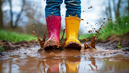 Close-Up of Colorful Rubber Boots in a Puddle Illustration for Jump in Muddy Puddles Day