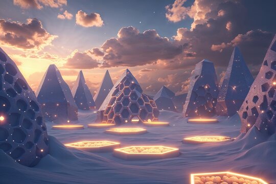 3D Dreamlike Sanctuary with Glowing Hexagons and Twilight Clouds