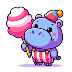 Fototapeta premium Festive hippo holding cotton candy in striped carnival outfit. Vector illustration for amusement parks, sweet treats and family entertainment concepts.