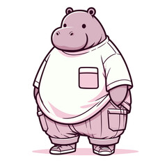 Fototapeta premium Casual hippo in white t-shirt with pink pocket and beige shorts. Vector illustration for everyday fashion, comfortable clothing and relaxed lifestyle concepts.