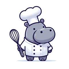 Culinary hippo pastry chef with whisk in traditional white uniform. Vector illustration for baking classes, dessert preparation and culinary arts concepts.