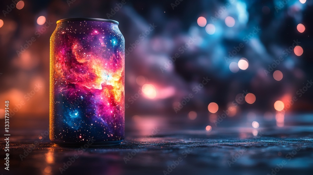 Aufkleber A can with a vibrant cosmic design rests on a reflective surface, illuminated by swirling colors and soft lights, creating an enchanting atmosphere.