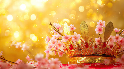 Traditional Japanese emperor crown with cherry blossoms, bright gold background