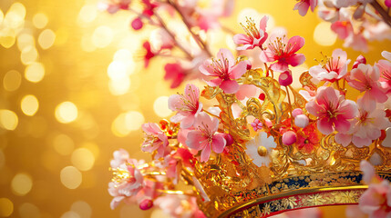 Traditional Japanese emperor crown with cherry blossoms, bright gold background