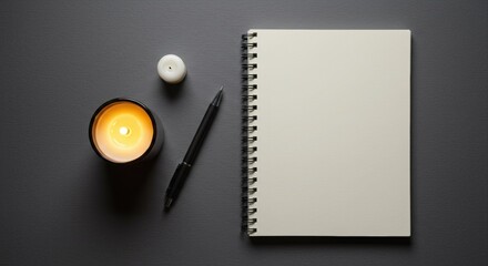 Blank notebook, candle, and pen, ready for ideas.