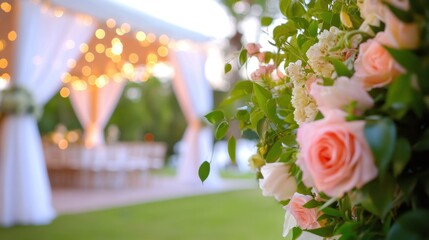 Enchanting Outdoor Wedding Venue with White Tent and Fairy Lights Amid Lush Greenery and Pastel Florals
