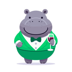 Naklejka premium Elegant hippo sommelier in green vest holding wine glass. Vector illustration for fine dining experiences, beverage service and hospitality professions.