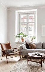 Fototapeta premium A Stylish, Minimalist Living Room Featuring Cozy Furnishings and Abundant Natural Light