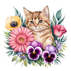 Kitten and Floral Embrace: An endearing tabby kitten is nestled amidst a vibrant arrangement of flowers in a captivating watercolor illustration, its innocent eyes looking out.