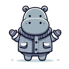 Naklejka premium Cozy hippo in winter cardigan with plaid pattern and pockets. Vector illustration for winter fashion, comfortable clothing and cold weather wardrobe concepts.