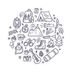 Doodles of camping and outdoor adventure. Includes travel equipment, and nature elements like mountains, trees, leaves, and stars. Hand-drawn vector illustrations isolated on a white background.