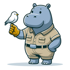 Fototapeta premium Gentle hippo zookeeper with white bird and khaki uniform. Vector illustration for wildlife conservation, animal care and zoological profession concepts.