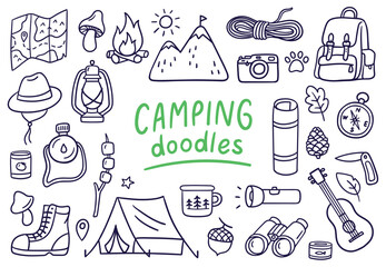Elements of camping and outdoor adventure in doodle style. Travel, tourism, and wilderness-related designs. Vector illustrations on a white background.