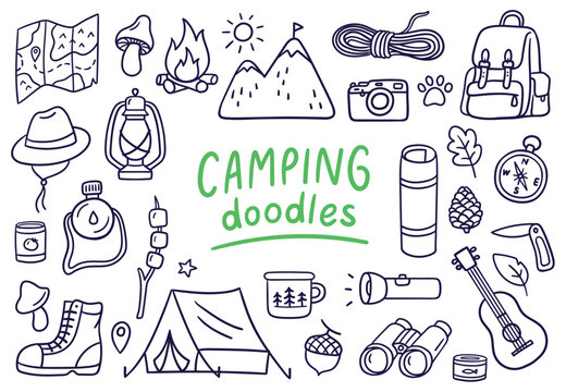Elements of camping and outdoor adventure in doodle style. Travel, tourism, and wilderness-related designs. Vector illustrations on a white background.